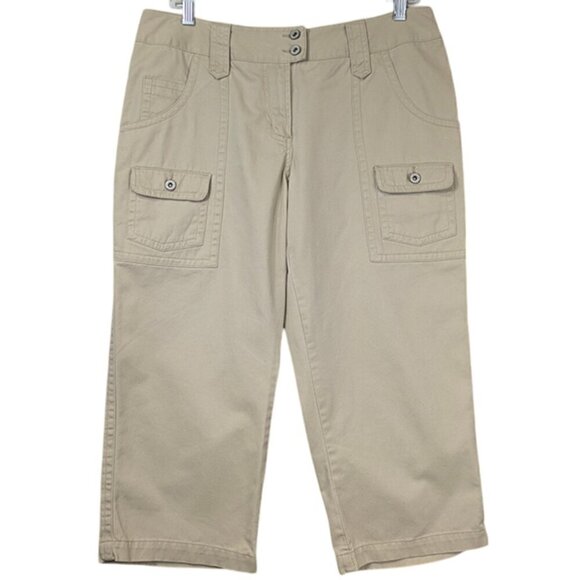 Cato Cropped Pants Womens 10 Khaki Beige Shorts Capris Patch Pockets Wide Leg - Picture 1 of 11